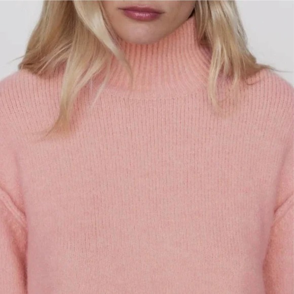ZARA Cropped Turtleneck Sweater Alpaca Wool Blend Fuzzy Chunky Knit, Pink - Picture 4 of 13